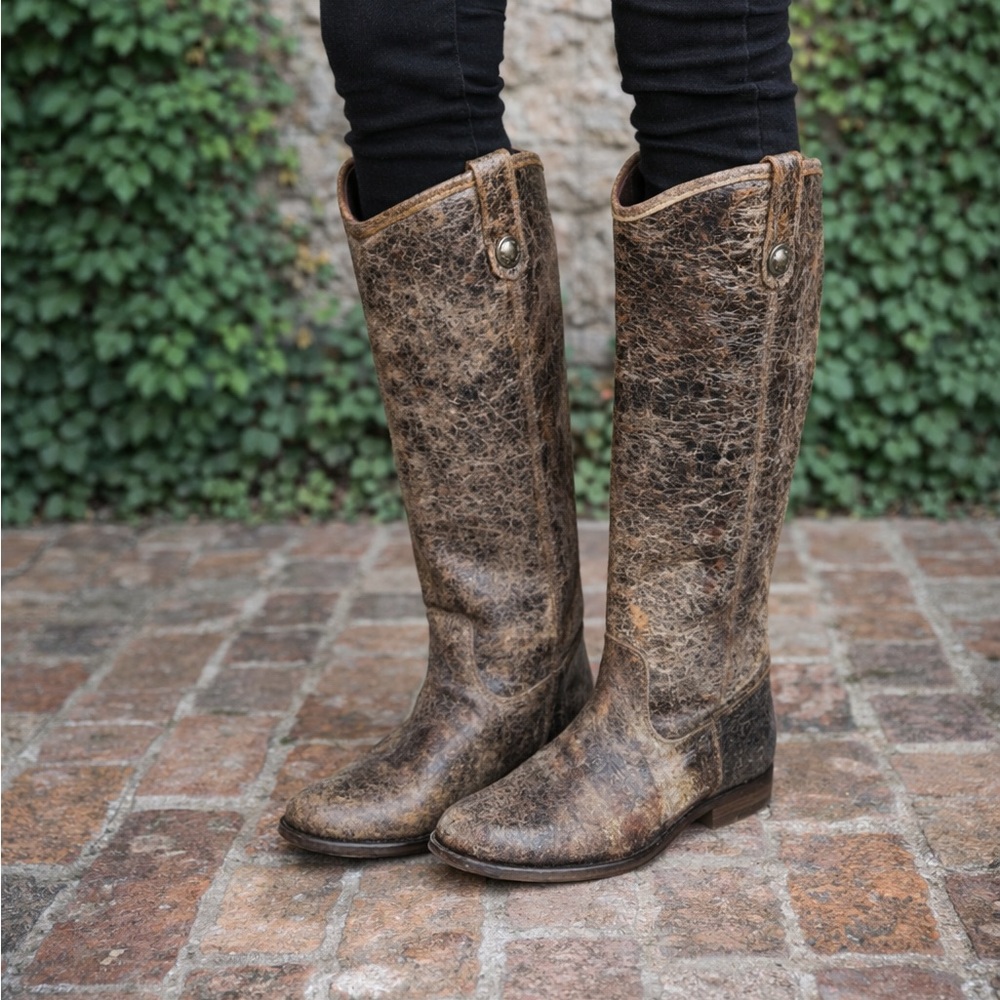 FRYE Melissa Brown Button Glazed Distressed Leather Riding Boots, 7.5B